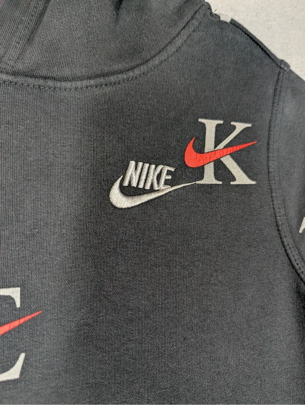 Nike Boys Hoodie M Joggers L Black Red All Over Logo Swoosh Tracksuit Set Fleece